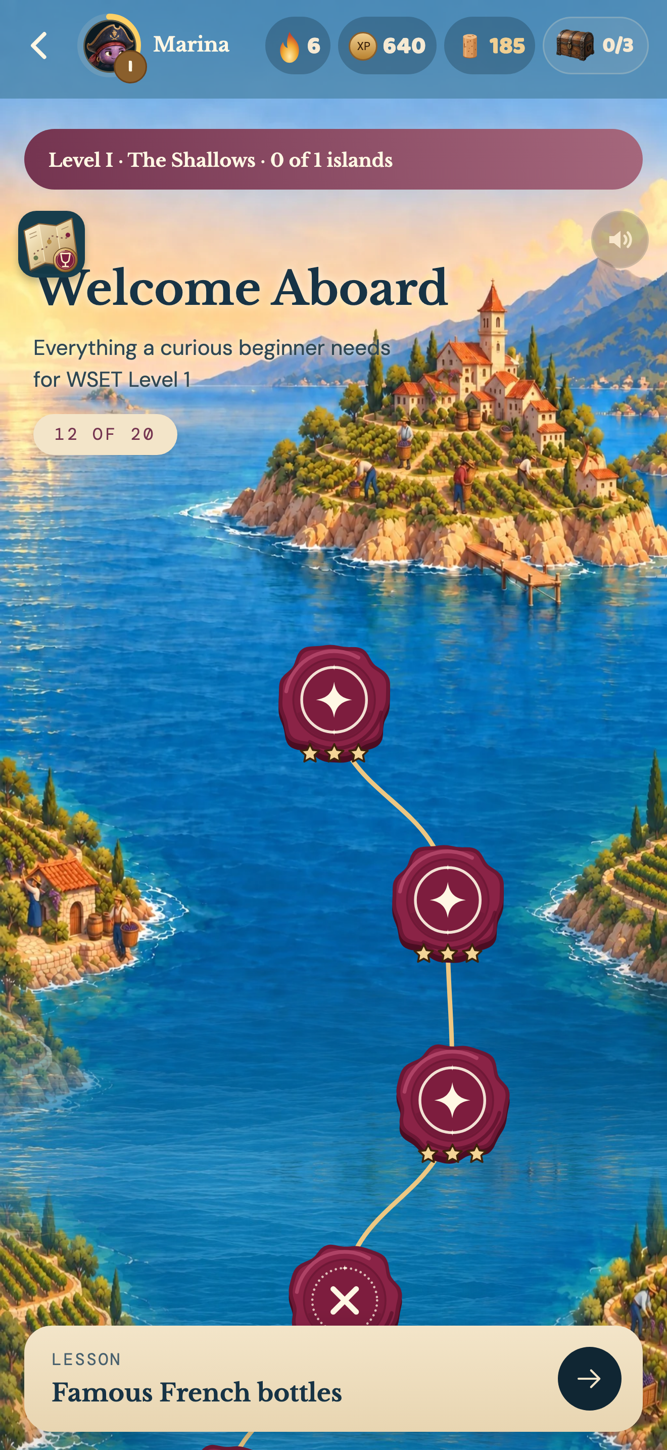 The chart: a painted island with the ship moored at the next step